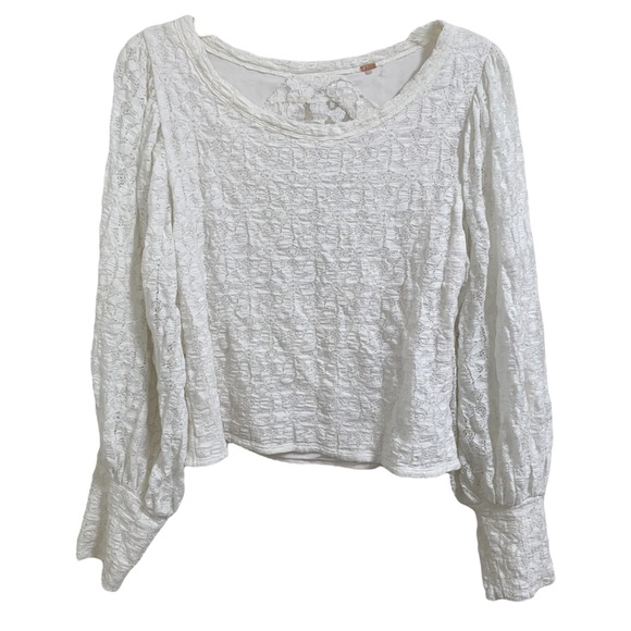 Free People Tea Time Round Neck Long Puff Sleeve Lace Top in white size XXS - Picture 3 of 16